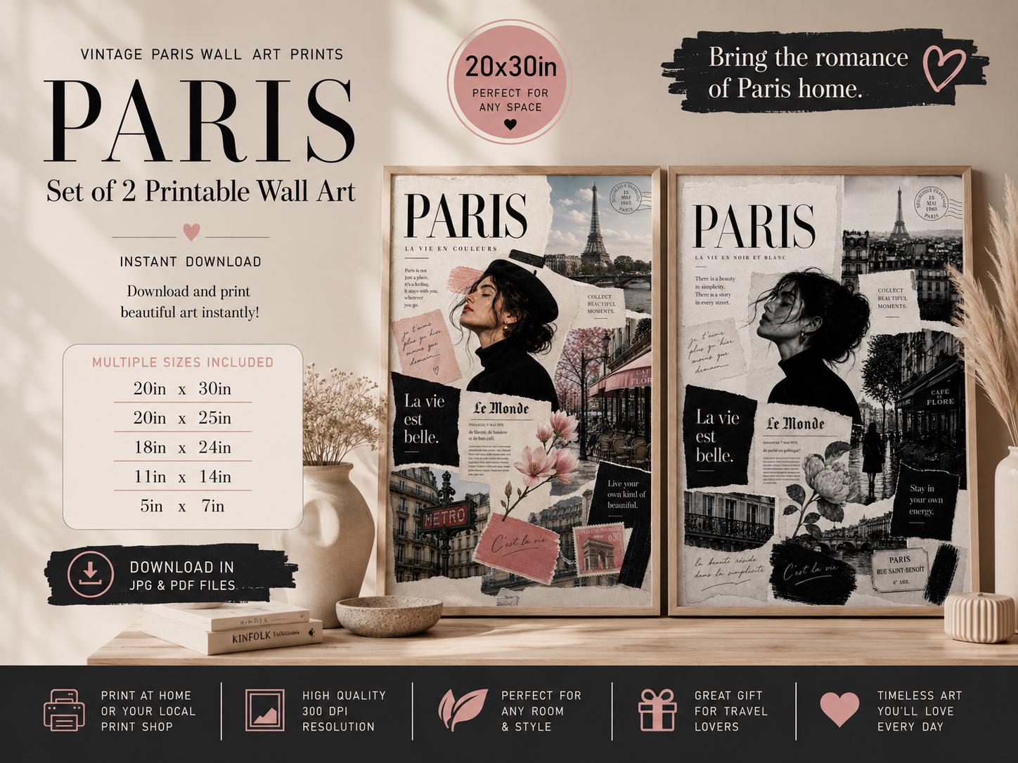 Set of 2 Vintage Paris Collage Prints, Black & White Color Decor (Digital Download)