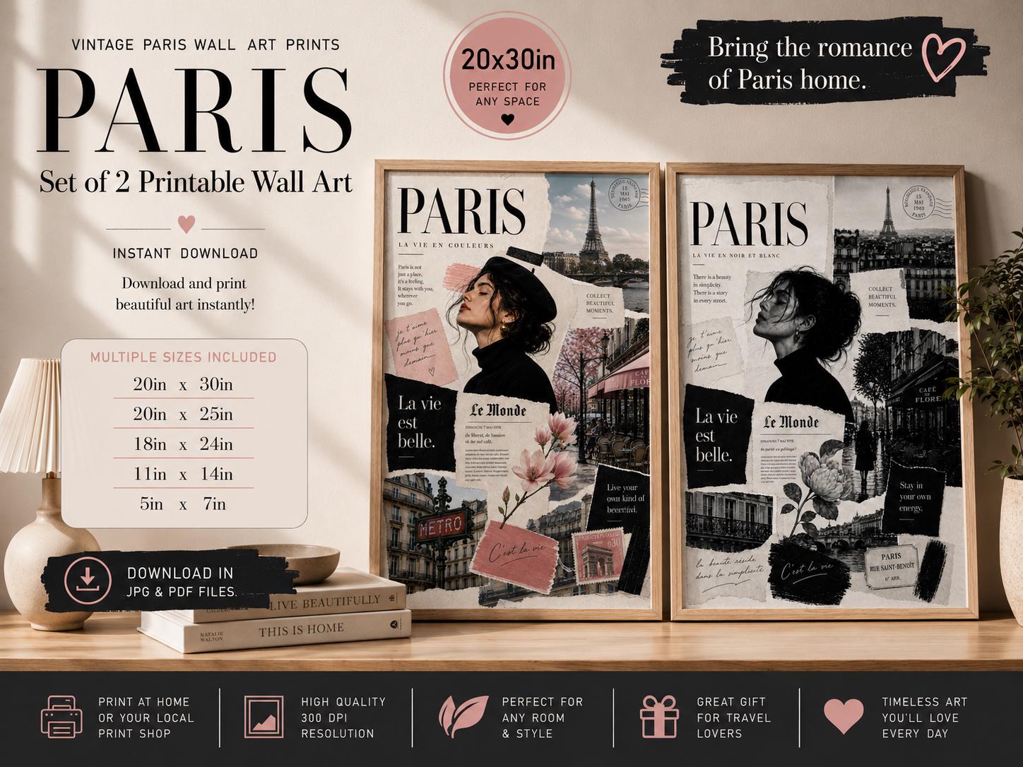 Set of 2 Vintage Paris Collage Prints, Black & White Color Decor (Digital Download)