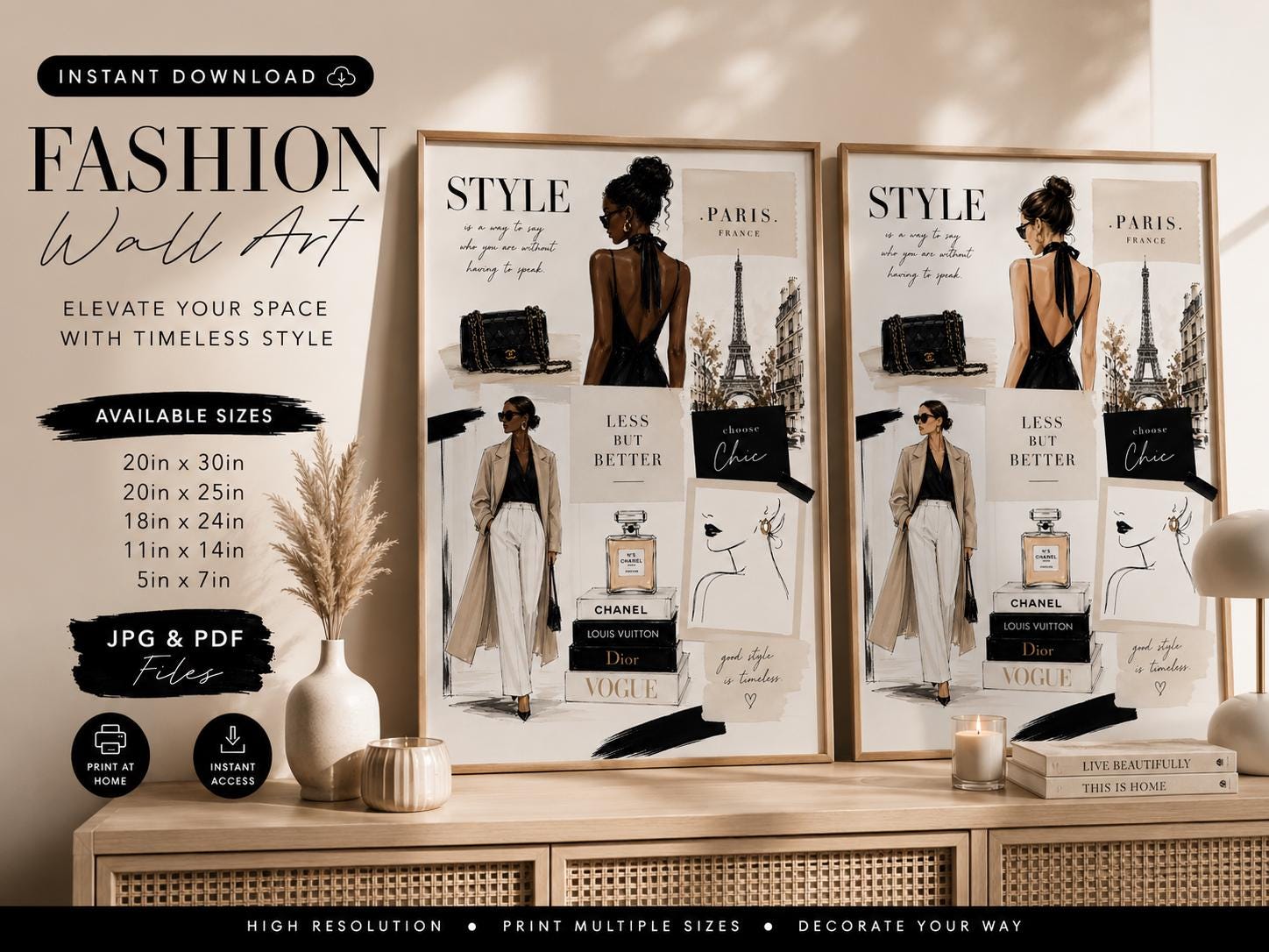 Paris Fashion Illustration, Chic Vogue Style, Neutral Woman Art (Digital Download)