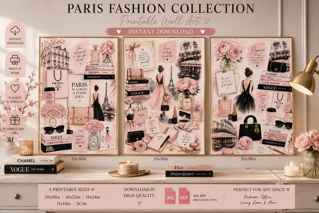 Blush Pink Paris Fashion Wall Art Set, Chic Feminine Collage Prints (Digital Download)