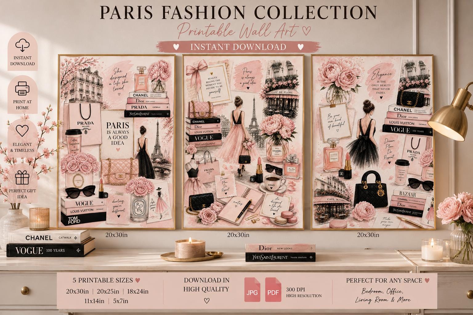 Blush Pink Paris Fashion Wall Art Set, Chic Feminine Collage Prints (Digital Download)
