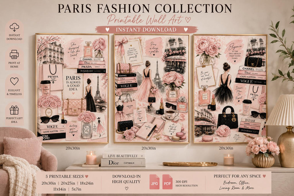 Blush Pink Paris Fashion Wall Art Set, Chic Feminine Collage Prints (Digital Download)