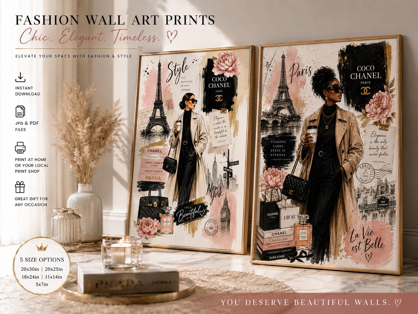 Paris Fashion Wall Art Print, Chanel Inspired Collage Poster, Eiffel Tower Chic Decor, Neutral Luxury Fashion Illustration, AI Art