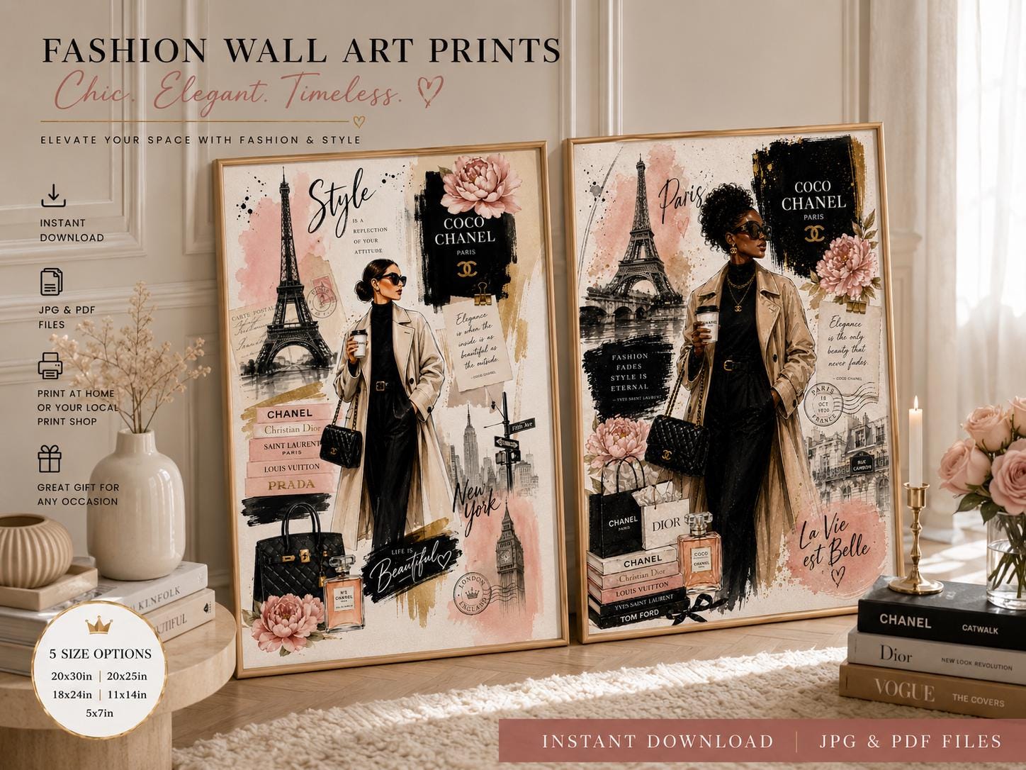Paris Fashion Wall Art Print, Chanel Inspired Collage Poster, Eiffel Tower Chic Decor, Neutral Luxury Fashion Illustration, AI Art