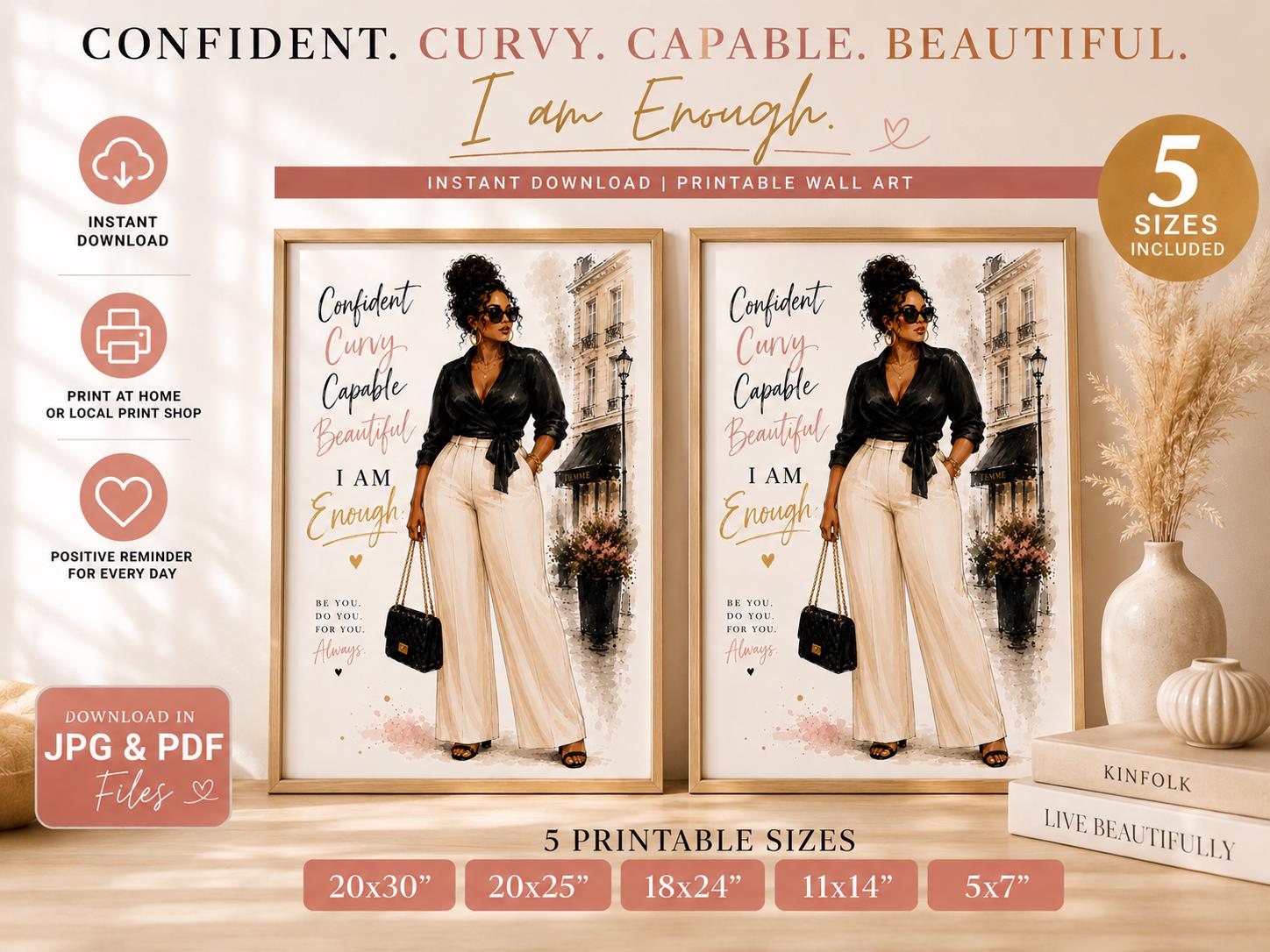 Curvy Body Fashion Illustration Print, Black Girl Wall Art, Chic Neutral Decor (Digital Download)