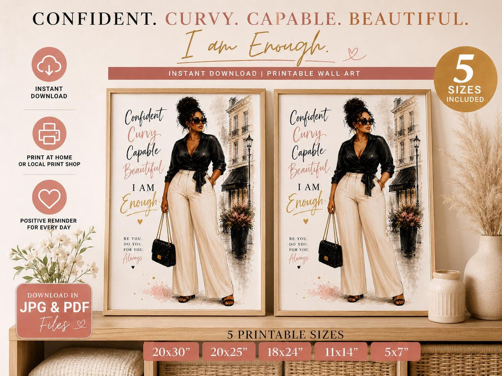 Curvy Body Fashion Illustration Print, Black Girl Wall Art, Chic Neutral Decor (Digital Download)