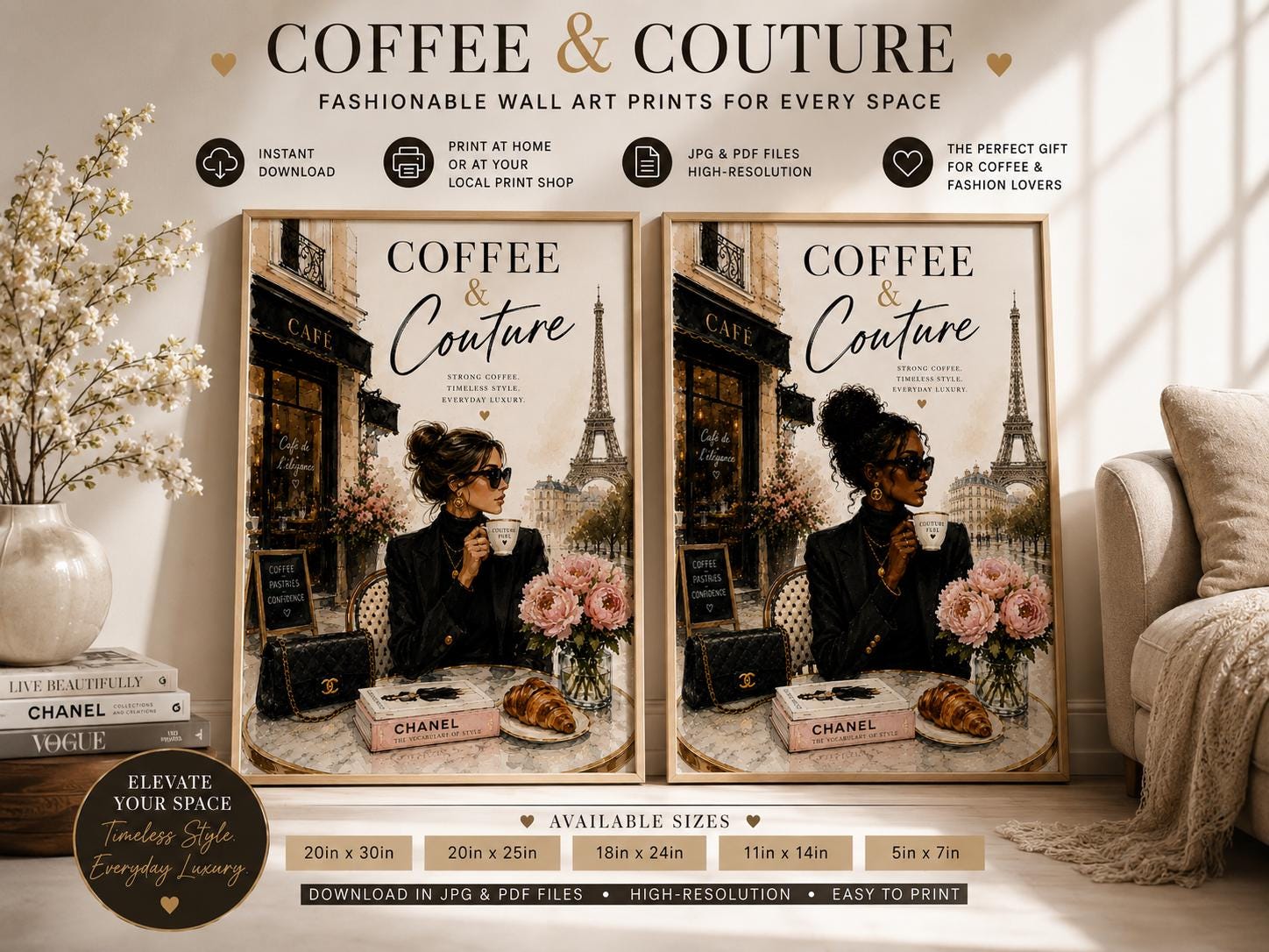 Parisian Café Fashion Art Print Set | Chic Coffee Bar Wall Décor (Digital Download)