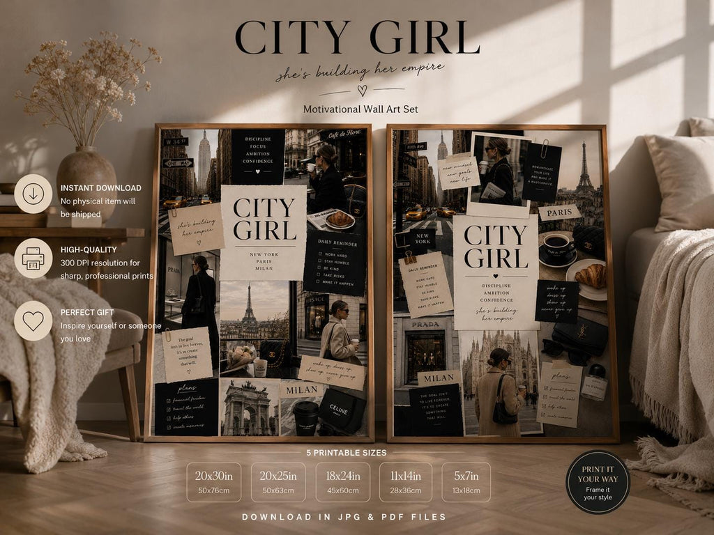 City Girl Fashion Collage Print, NYC Paris Milan Luxury Poster (Digital Download)