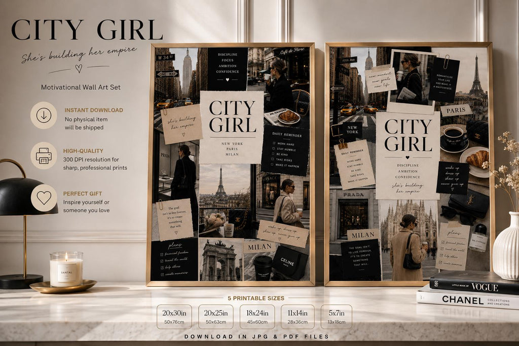 City Girl Fashion Collage Print, NYC Paris Milan Luxury Poster (Digital Download)