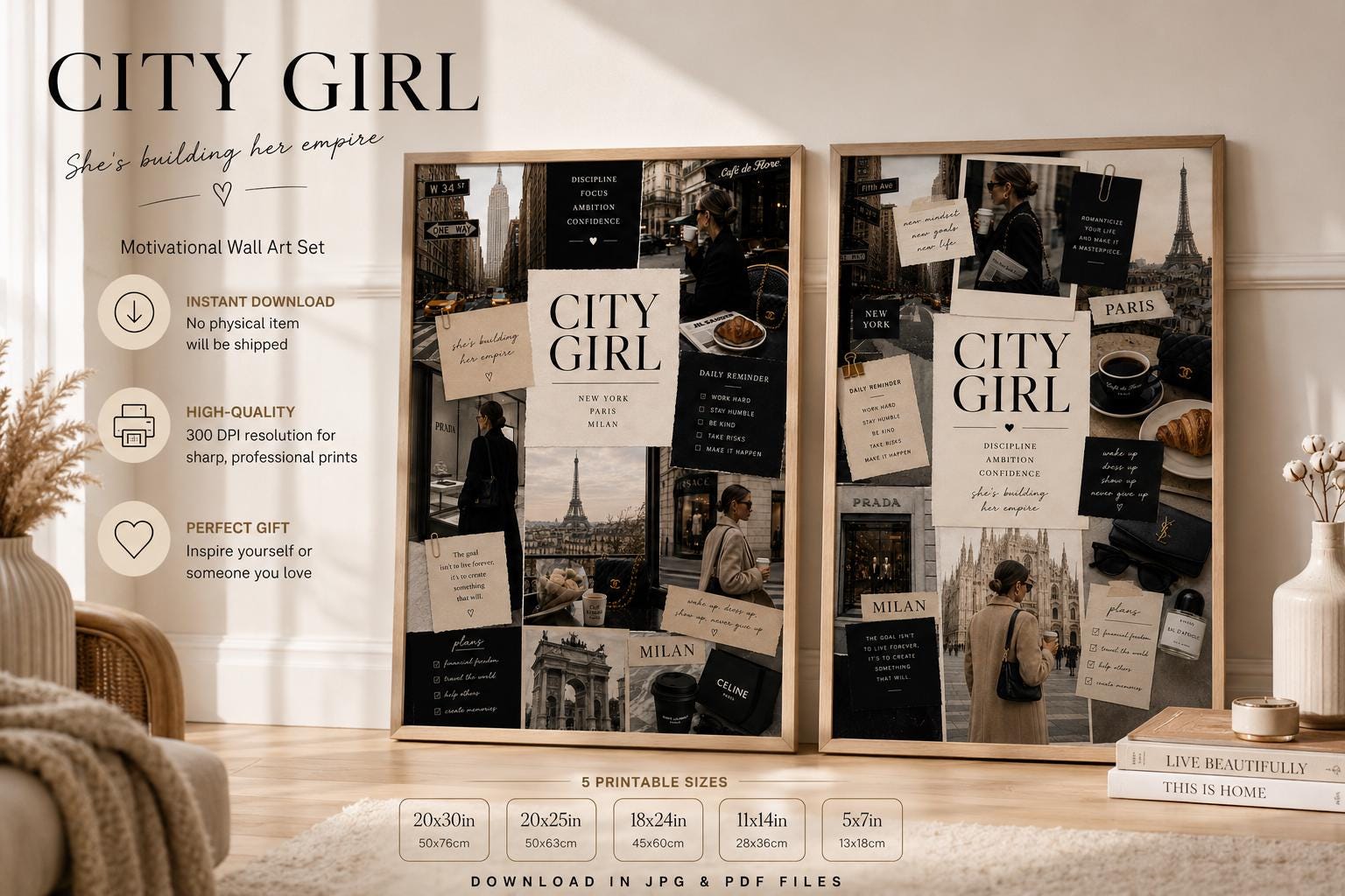 City Girl Fashion Collage Print, NYC Paris Milan Luxury Poster (Digital Download)