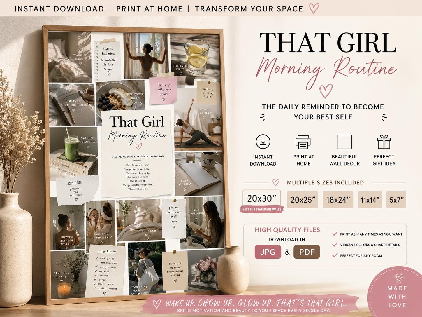 That Girl Morning Routine Wall Art, Neutral Wellness Collage Print (Digital Download)