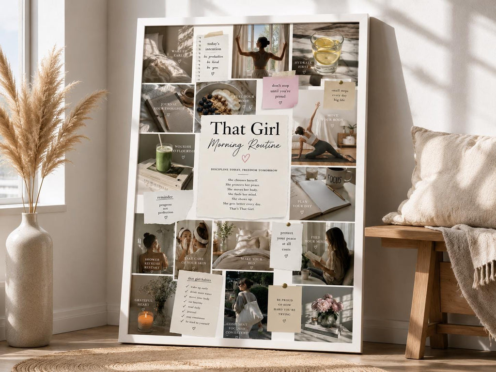 That Girl Morning Routine Wall Art, Neutral Wellness Collage Print (Digital Download)
