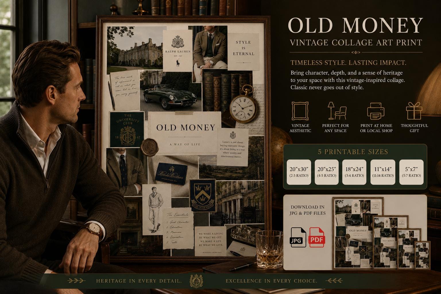 Old Money Collage Print, Vintage Preppy Fashion Wall Art (Digital Download)