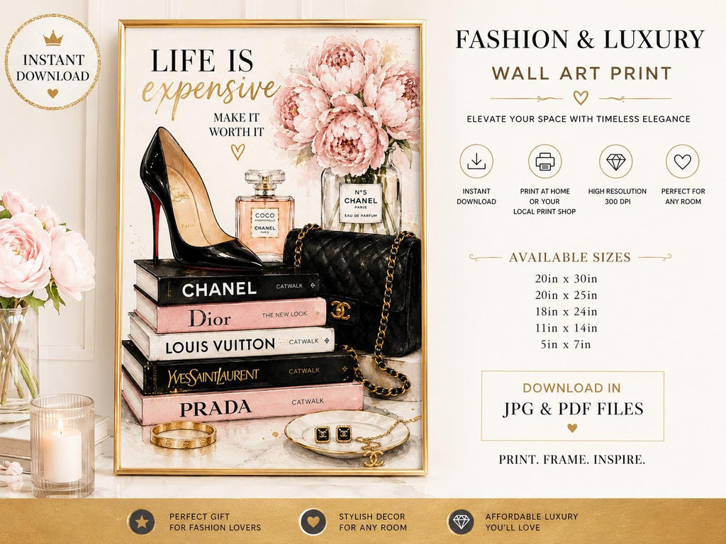 Luxury Fashion Wall Art Print, Chanel Inspired Fashion Illustration, Pink Peony Designer Decor, Glam Perfume & Heels Poster