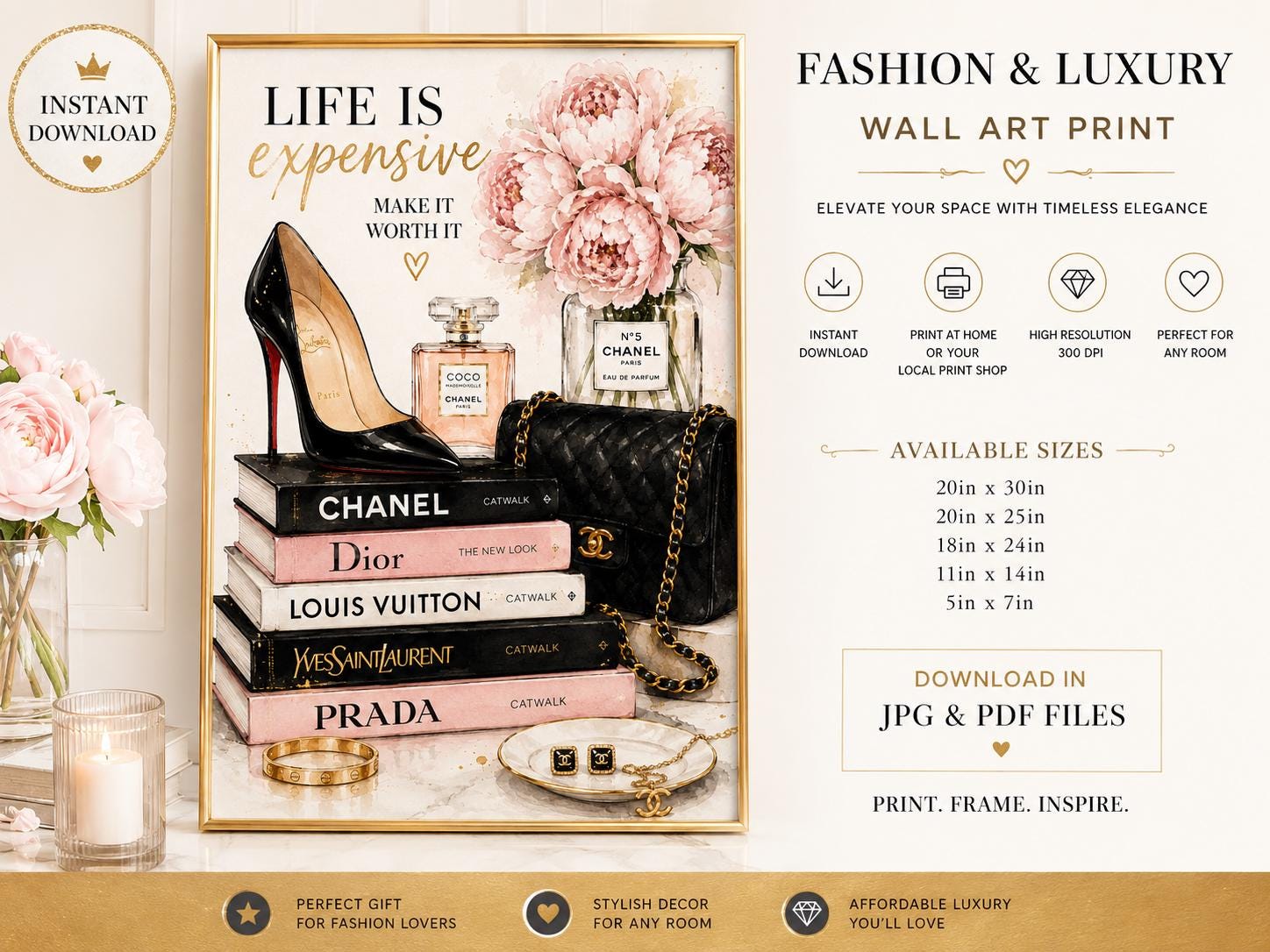 Luxury Fashion Wall Art Print, Chanel Inspired Fashion Illustration, Pink Peony Designer Decor, Glam Perfume & Heels Poster
