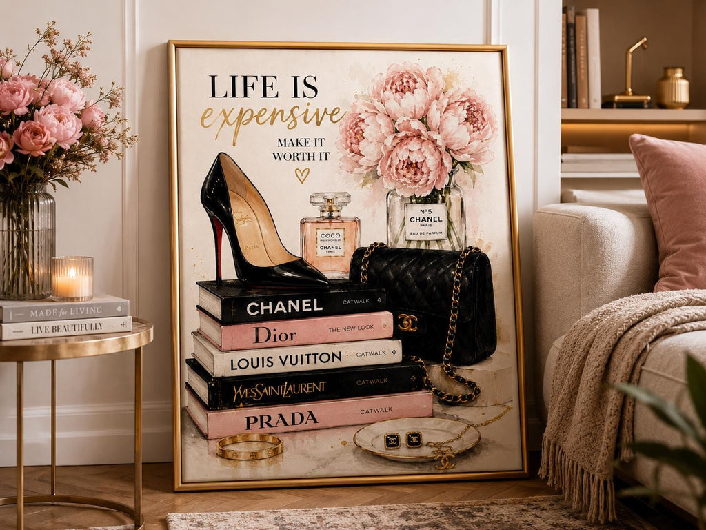 Luxury Fashion Wall Art Print, Chanel Inspired Fashion Illustration, Pink Peony Designer Decor, Glam Perfume & Heels Poster