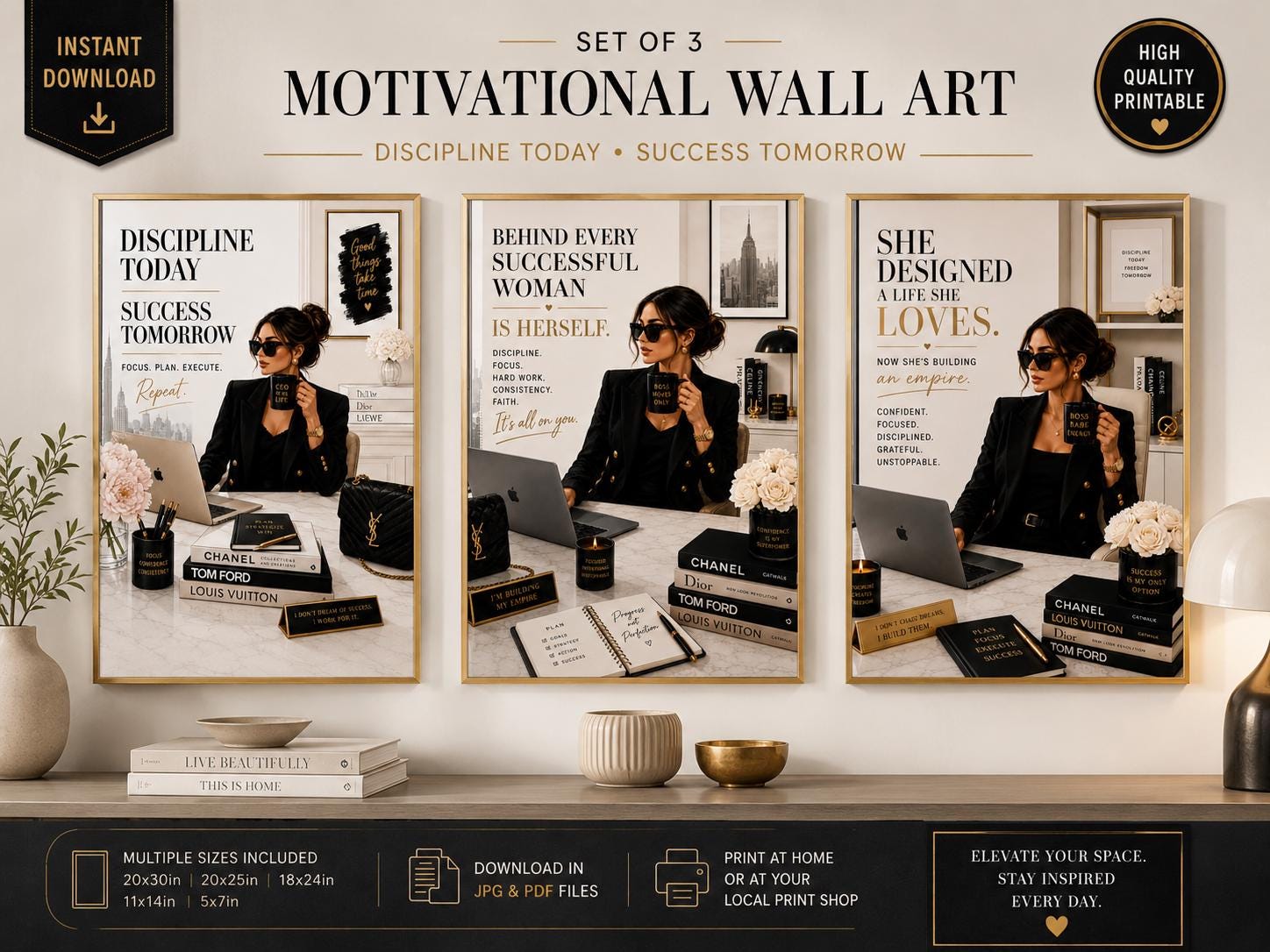 Boss Babe Motivational Wall Art Set, Success Quotes, Feminine Office Decor (Digital Download)