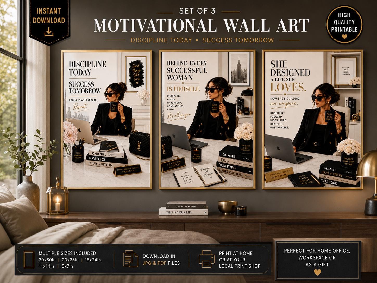 Boss Babe Motivational Wall Art Set, Success Quotes, Feminine Office Decor (Digital Download)