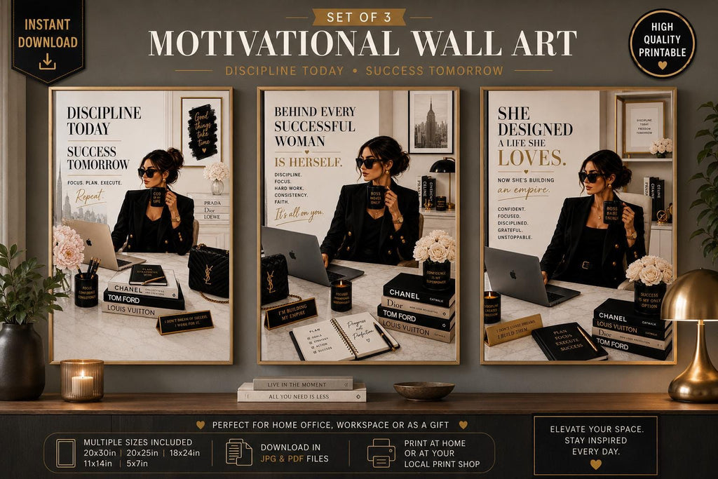 Boss Babe Motivational Wall Art Set, Success Quotes, Feminine Office Decor (Digital Download)