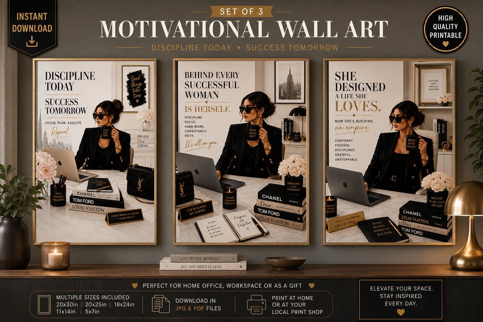 Boss Babe Motivational Wall Art Set, Success Quotes, Feminine Office Decor (Digital Download)