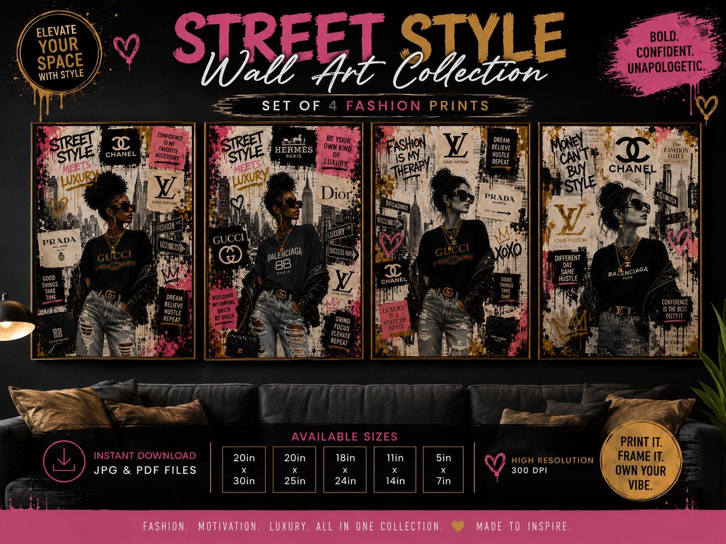 Street Style Luxury Fashion Wall Art Set, Collage Prints (Digital Download)