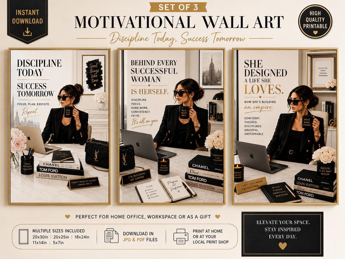 Boss Babe Motivational Wall Art Set, Success Quotes, Feminine Office Decor (Digital Download)