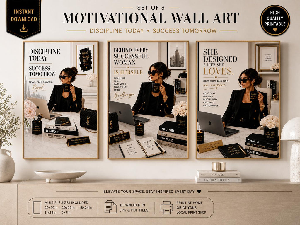 Boss Babe Motivational Wall Art Set, Success Quotes, Feminine Office Decor (Digital Download)