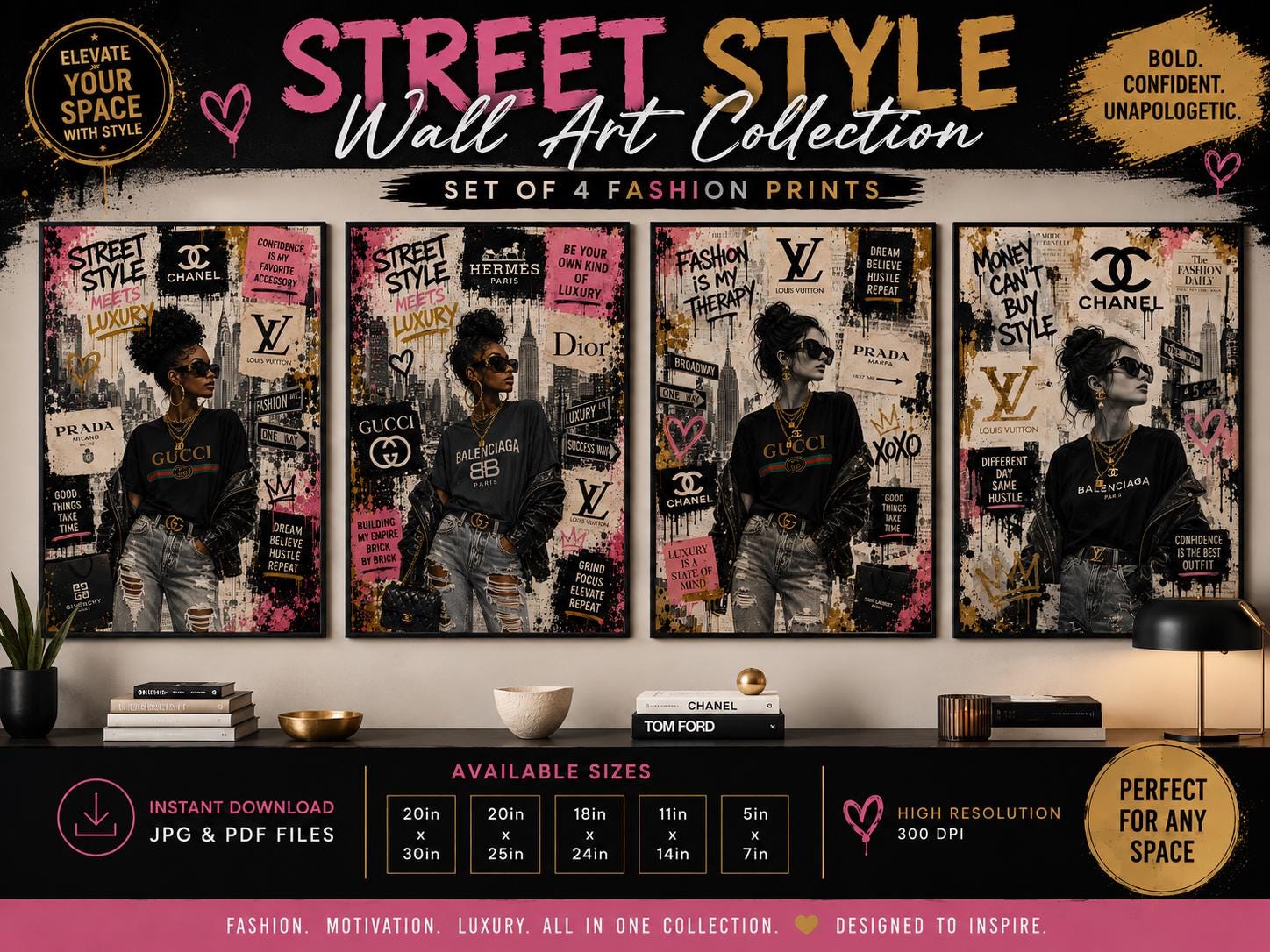Street Style Luxury Fashion Wall Art Set, Collage Prints (Digital Download)