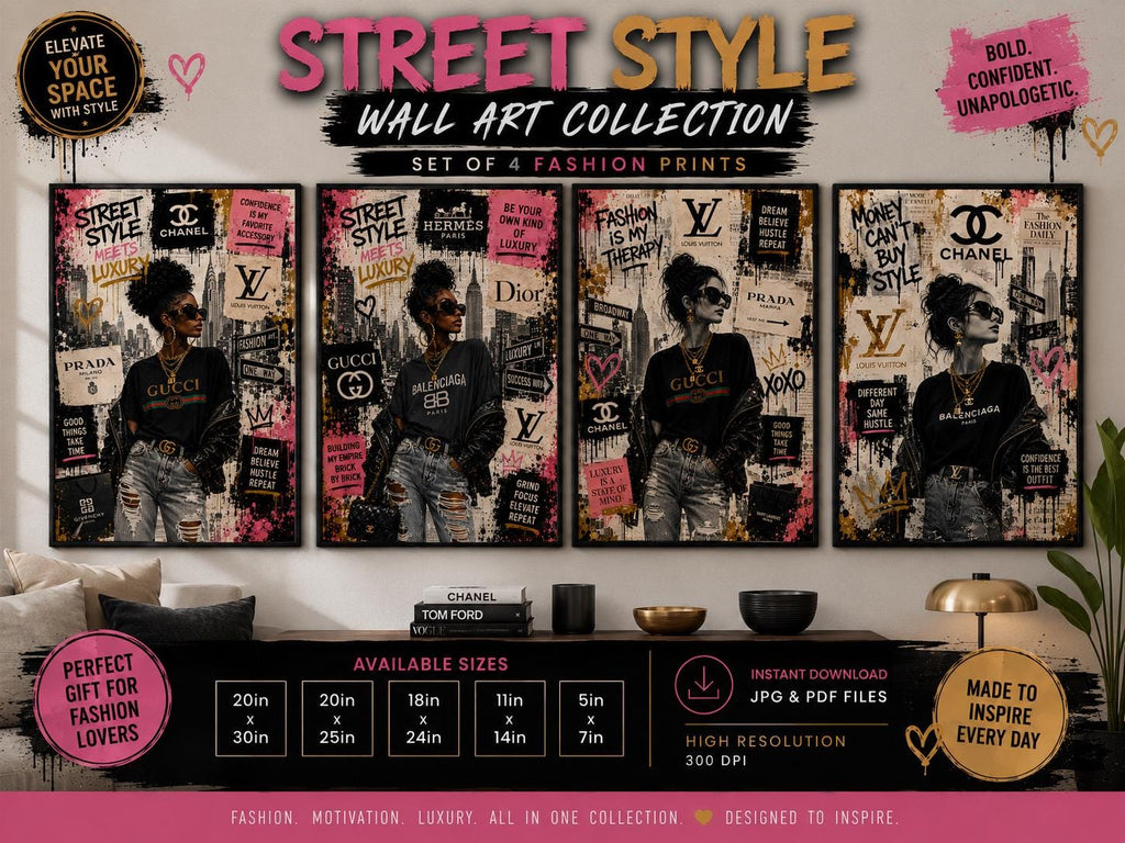 Street Style Luxury Fashion Wall Art Set, Collage Prints (Digital Download)