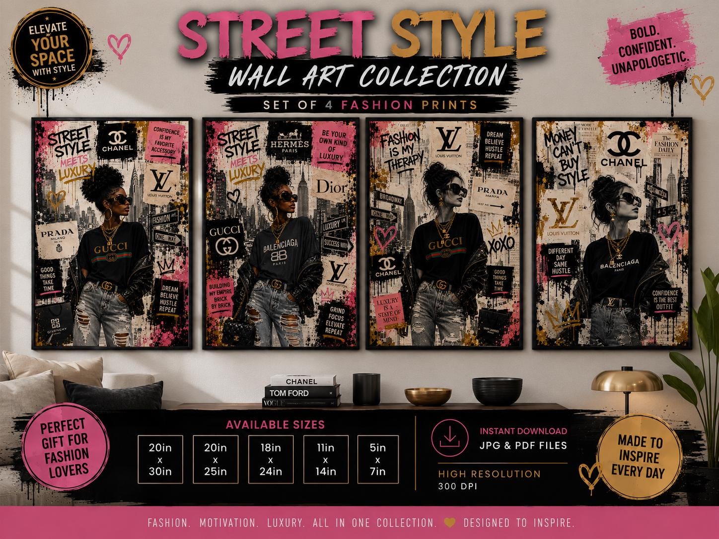 Street Style Luxury Fashion Wall Art Set, Collage Prints (Digital Download)