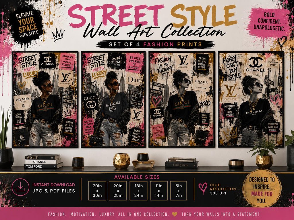 Street Style Luxury Fashion Wall Art Set, Collage Prints (Digital Download)