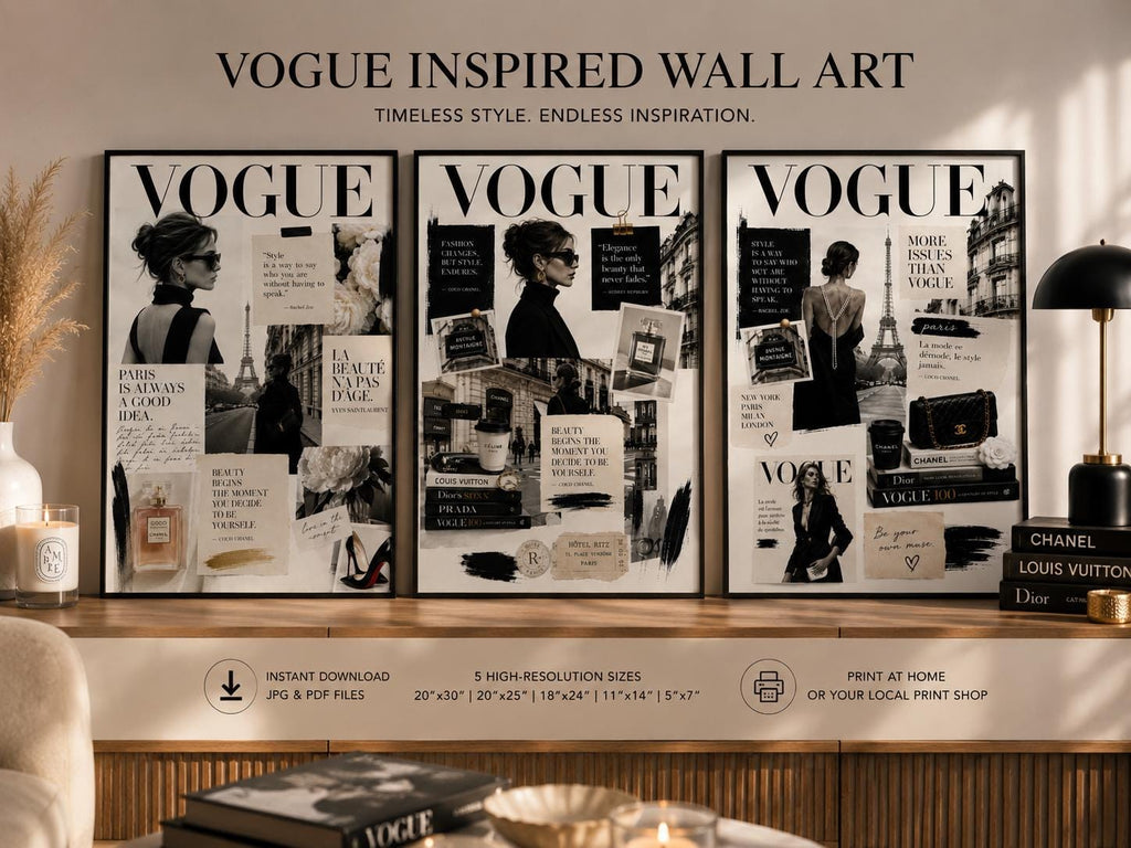 Parisian Fashion Wall Art Set of 3 – Neutral Luxury Prints, Editorial Collage, Feminine Chic Decor