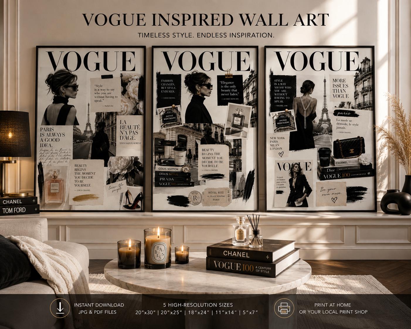 Parisian Fashion Wall Art Set of 3 – Neutral Luxury Prints, Editorial Collage, Feminine Chic Decor