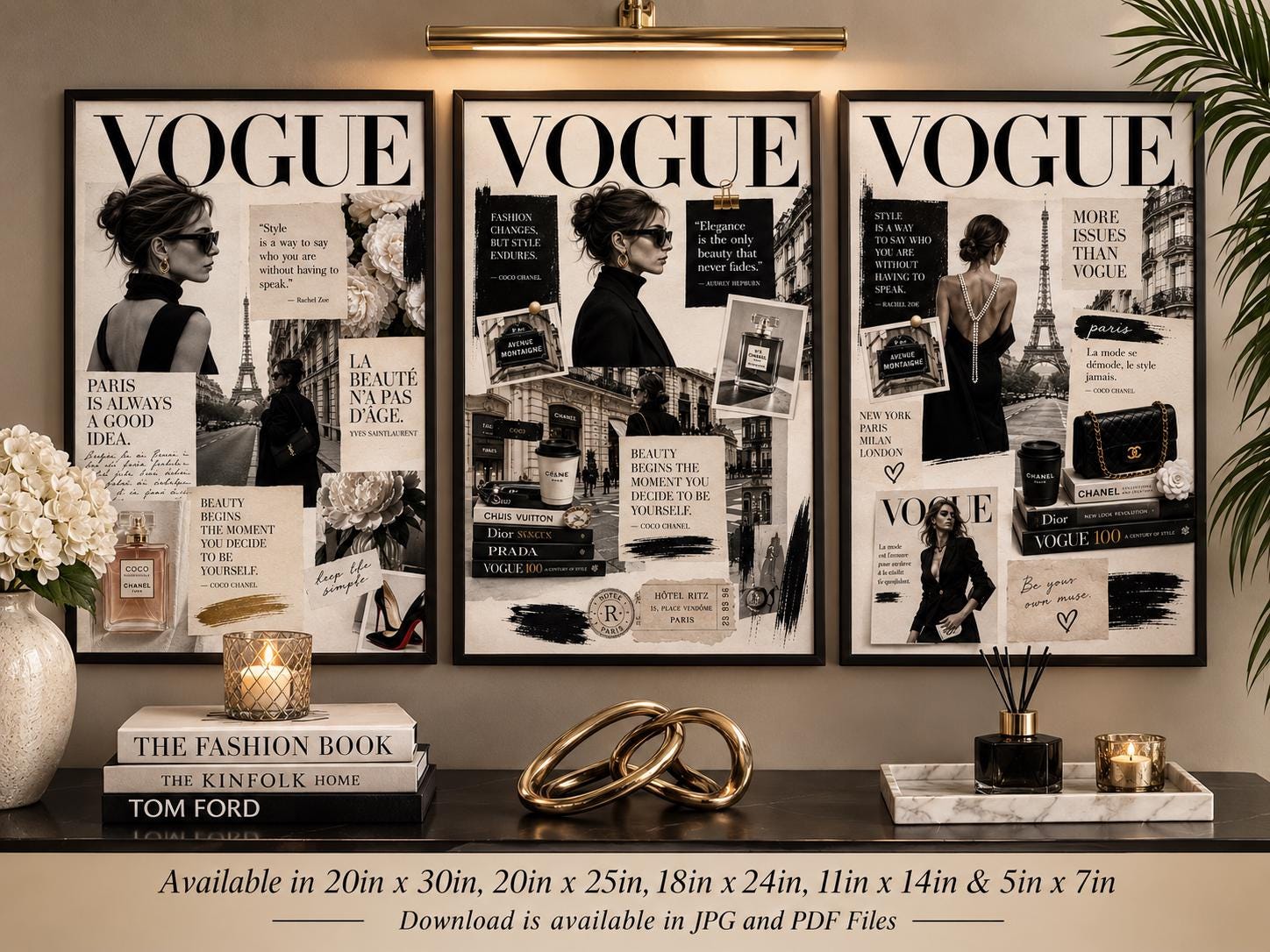 Parisian Fashion Wall Art Set of 3 – Neutral Luxury Prints, Editorial Collage, Feminine Chic Decor