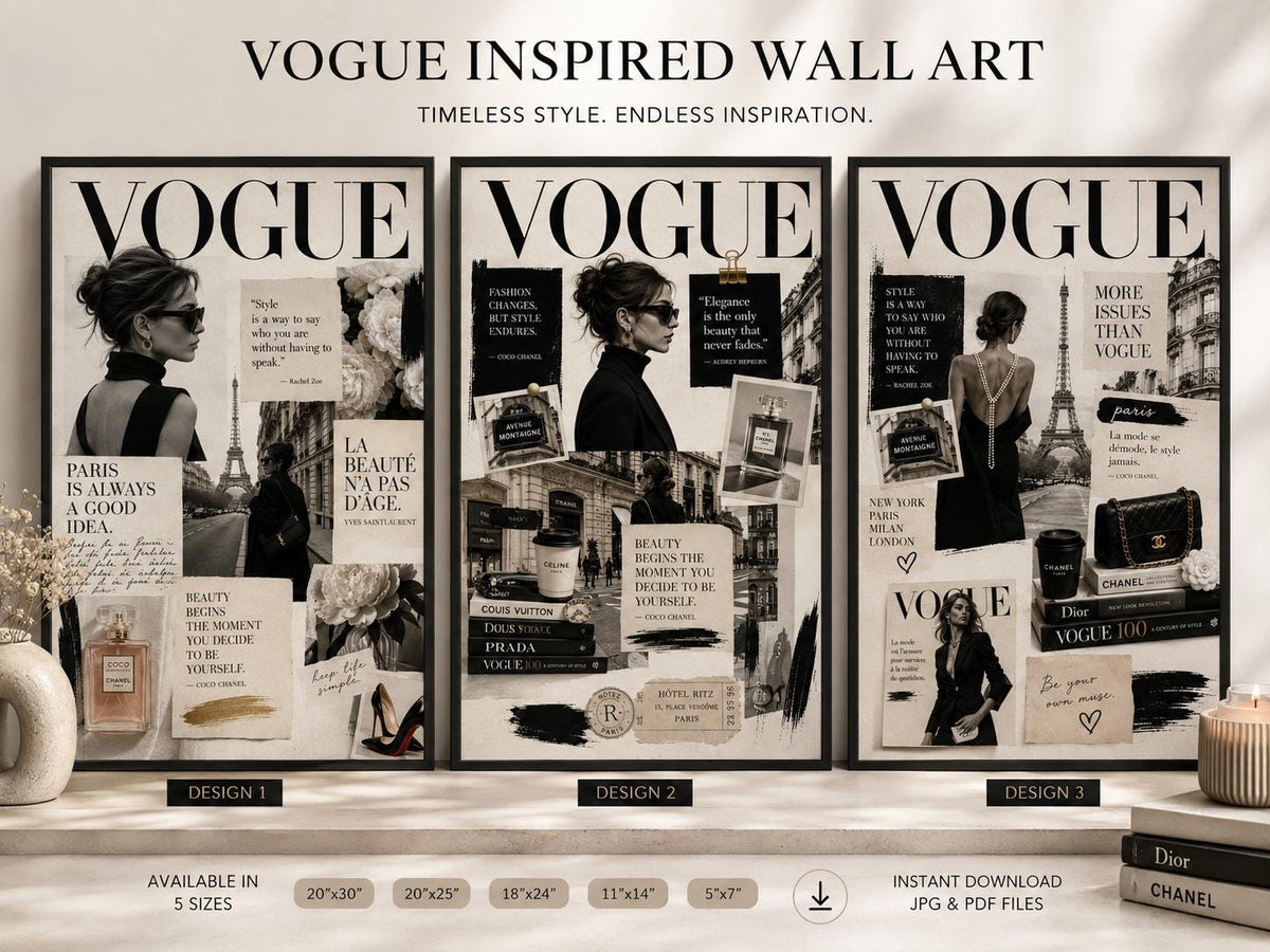 Parisian Fashion Wall Art Set of 3 – Neutral Luxury Prints, Editorial Collage, Feminine Chic Decor