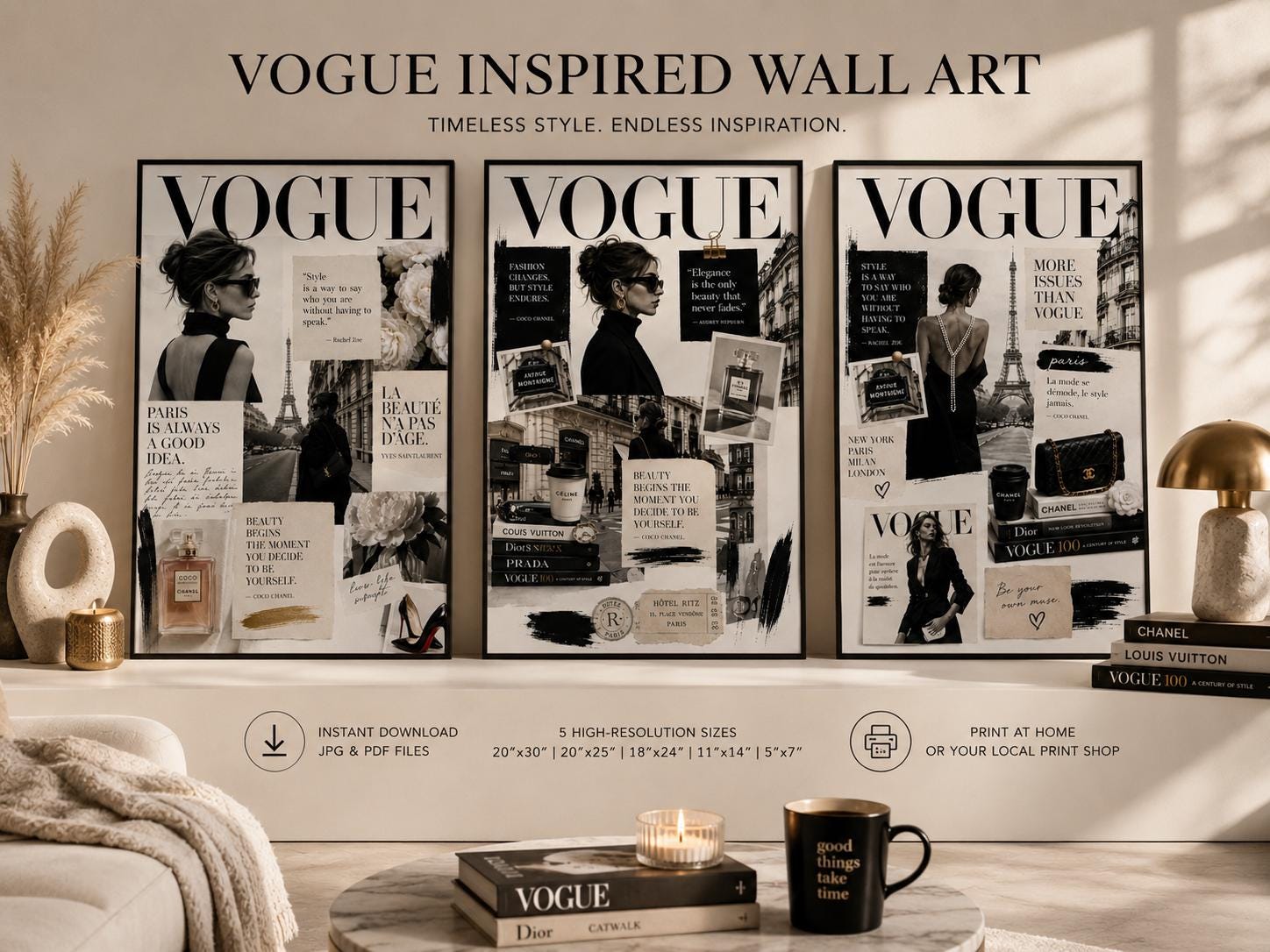 Parisian Fashion Wall Art Set of 3 – Neutral Luxury Prints, Editorial Collage, Feminine Chic Decor