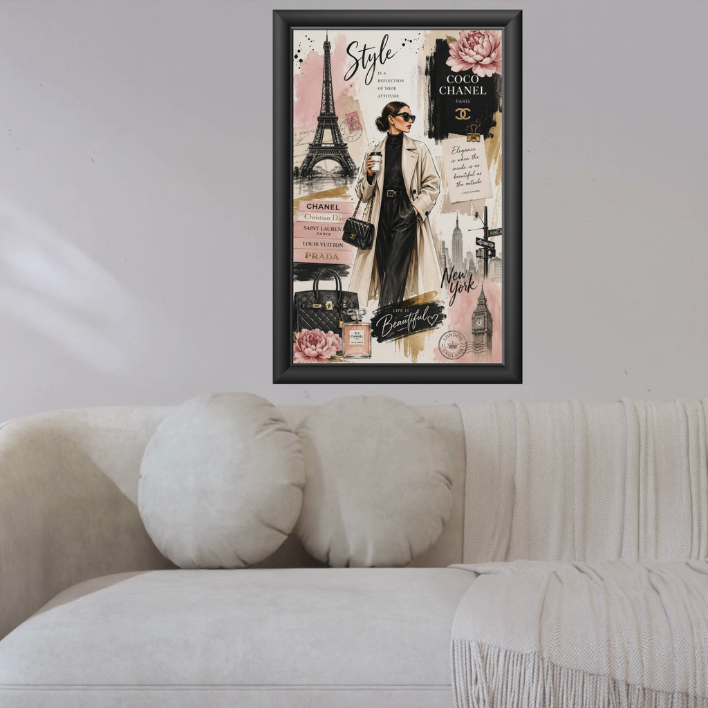 Paris Fashion Wall Art Print, Chanel Inspired Collage Poster, Eiffel Tower Chic Decor, Neutral Luxury Fashion Illustration, AI Art