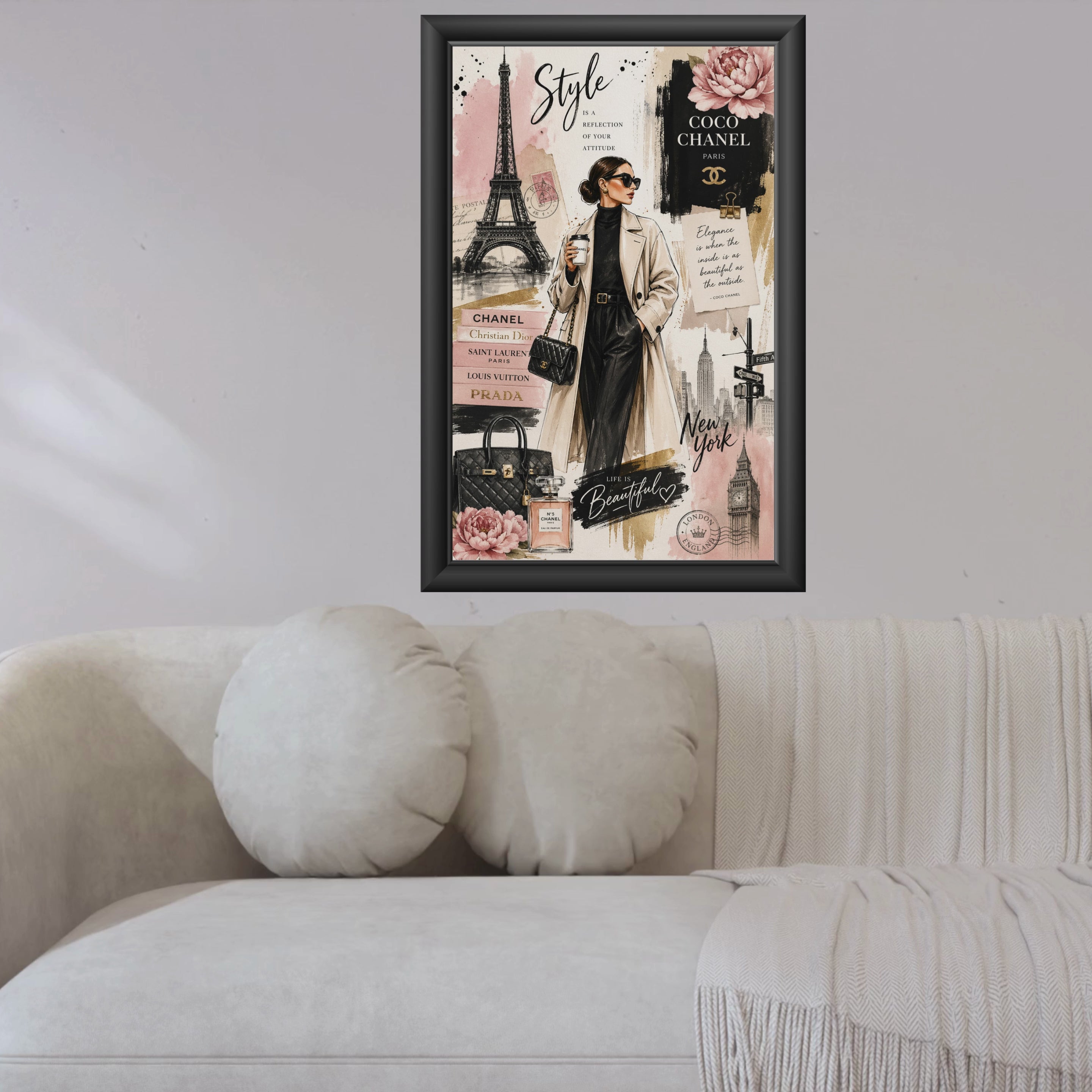 Paris Fashion Wall Art Print, Chanel Inspired Collage Poster, Eiffel Tower Chic Decor, Neutral Luxury Fashion Illustration, AI Art
