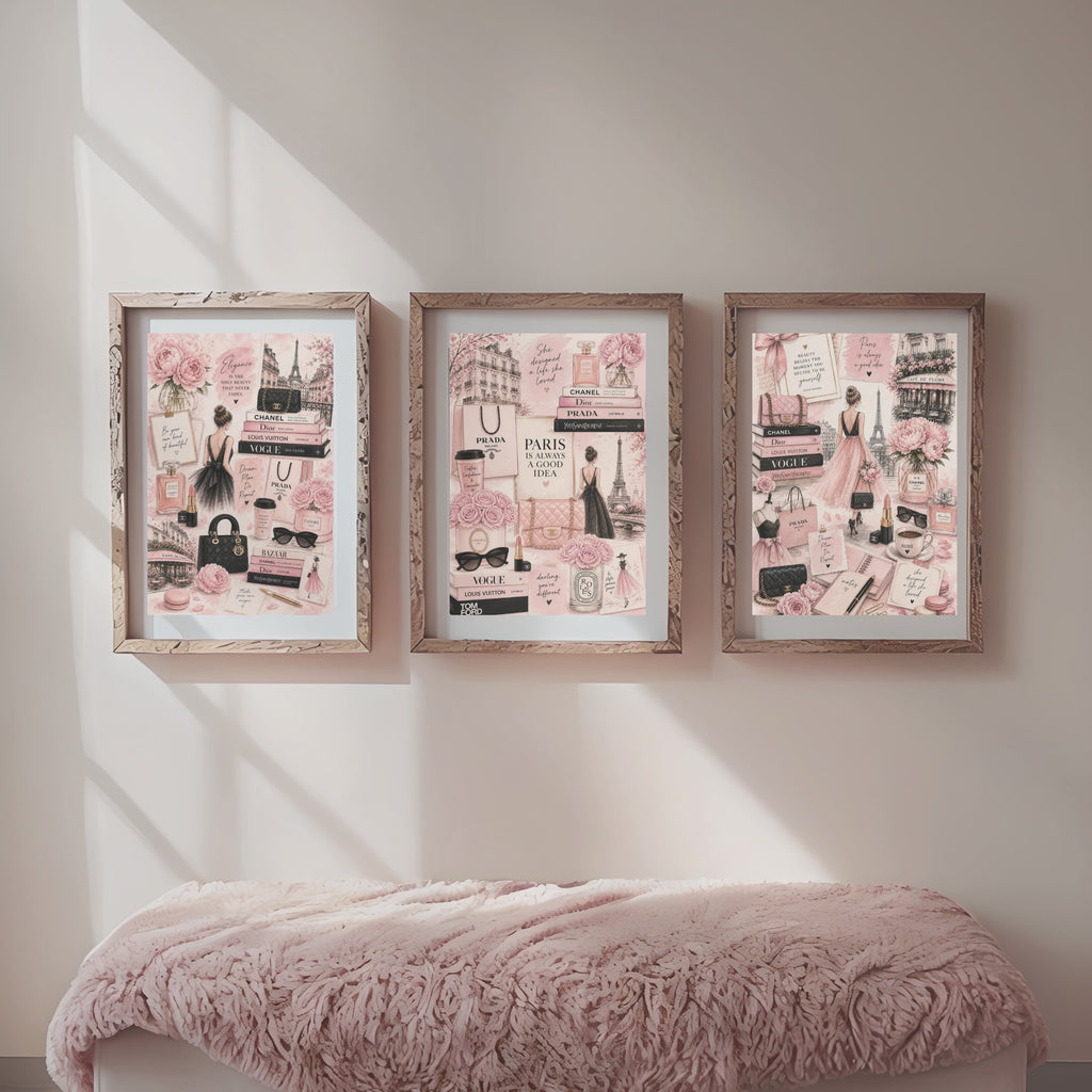 Blush Pink Paris Fashion Wall Art Set, Chic Feminine Collage Prints (Digital Download)