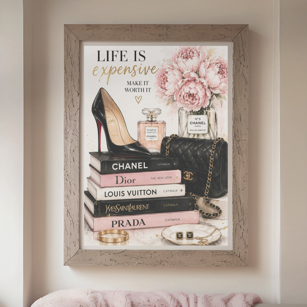 Luxury Fashion Wall Art Print, Chanel Inspired Fashion Illustration, Pink Peony Designer Decor, Glam Perfume & Heels Poster