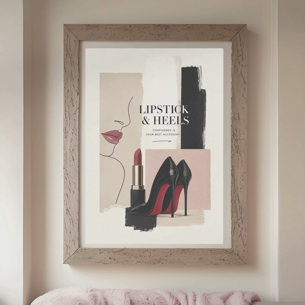 Luxury Fashion Wall Art Set of 3, Lipstick & Heels Printable Wall Art, Chic Makeup Fashion Print, Glam Office Decor Download