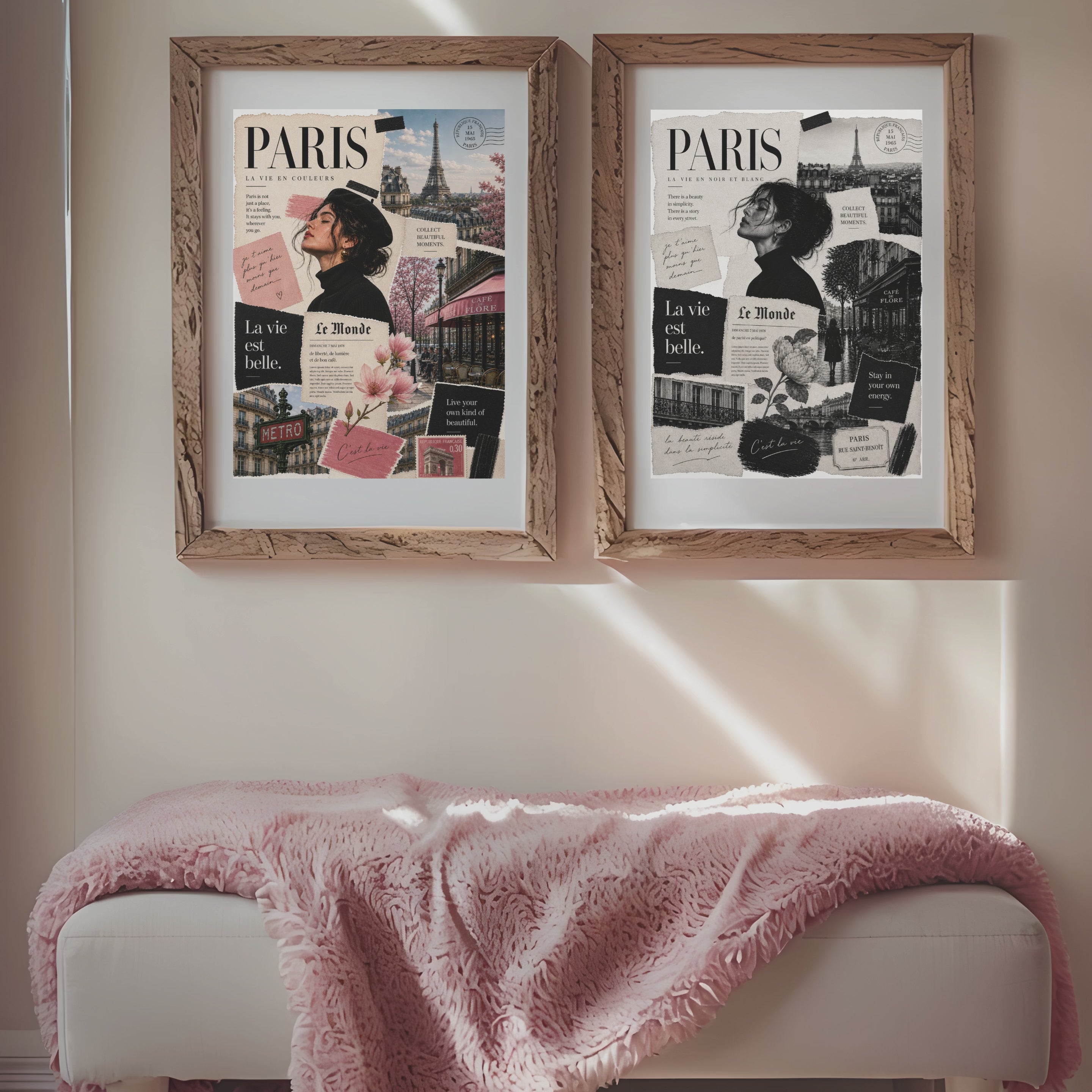 Set of 2 Vintage Paris Collage Prints, Black & White Color Decor (Digital Download)